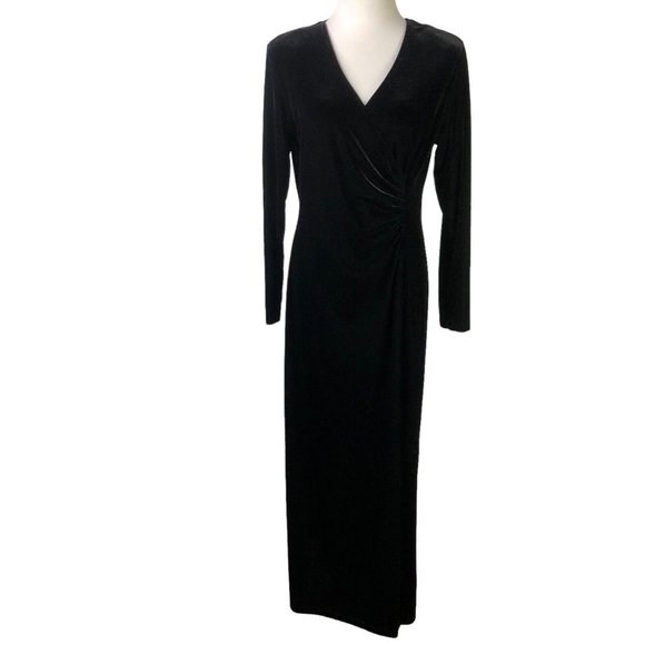 Vintage Robbie Bee Black Velvet Dress Gown Size 16 Slit Wrap Waist Hollywood - Picture 1 of 9